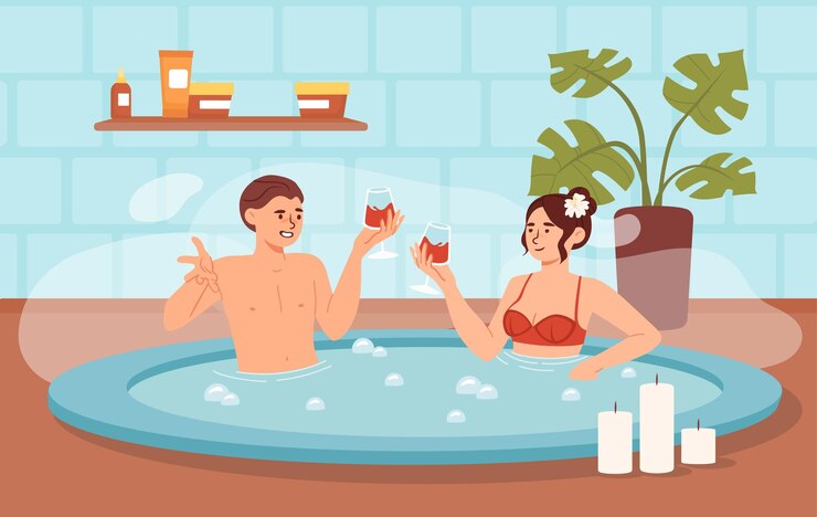 Vector people in jacuzzi concept man and woman with wine glasses in bath rest and relax young couple having fun together guy and girl at romantic date cartoon flat vector illustration