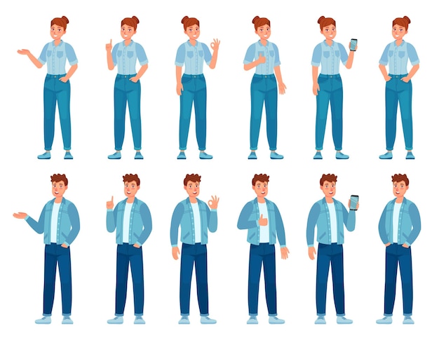 Vector people in jeans gesture. happy standing woman and man in casual denim shirts and pants showing gestures. teenager holding phone, vector set. illustration happy man and woman in casual jeans