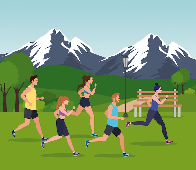 People jogging mountainous landscape, people running outdoor avatar characters  illustration design