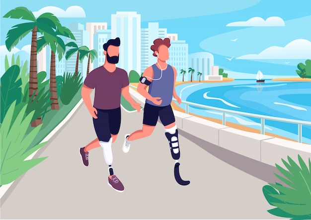 People jogging on seafront flat color illustration