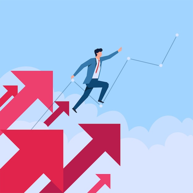 People jump from an arrow pointing upwards a metaphor of business revival business flat illustration