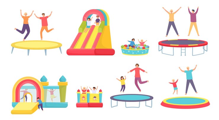 Vector 人々はトランポリンでジャンプします。幸せな大人、子供、家族がトランポリン、インフレータブルハウス、滑り台で跳ねます。アクティブなエンターテインメントベクトルセット