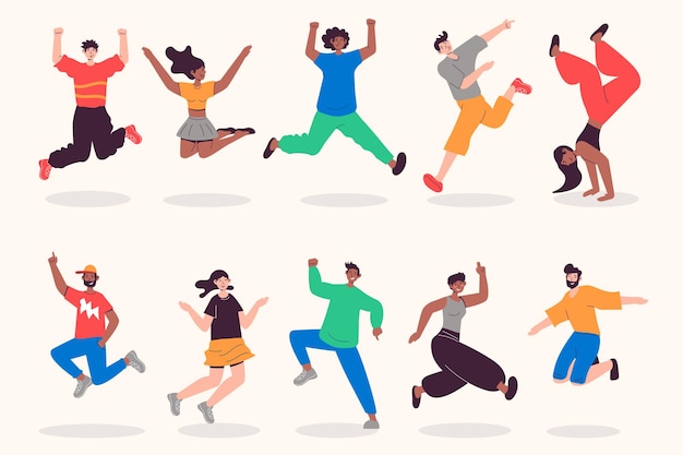 Vector people jumping set in flat design happy men and women jump and celebrating at party and entertainment winner expression bundle of diverse characters vector illustration isolated persons for web