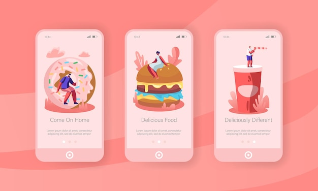 Set di schermi integrati per l'app mobile di persone e junkfood