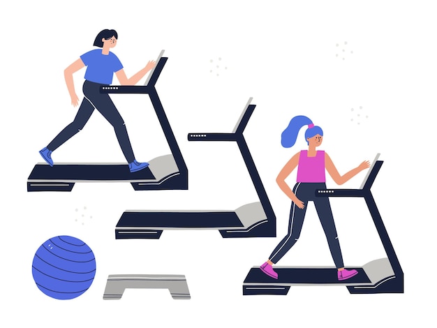 People keeping distance in a gym. Hand drawn vector illustration for banner, social media. Stay safe during training concept.