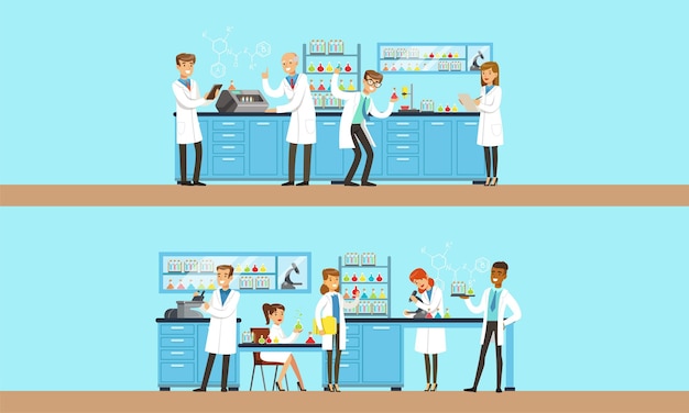 People in the laboratory are conducting an experiment Vector illustration on a blue background