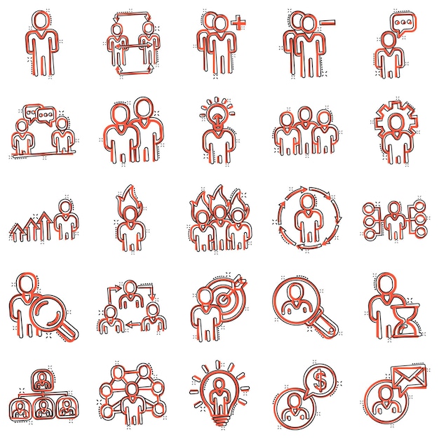 People leadership icon set in comic style Person cartoon collection vector illustration on white isolated background User teamwork splash effect business concept
