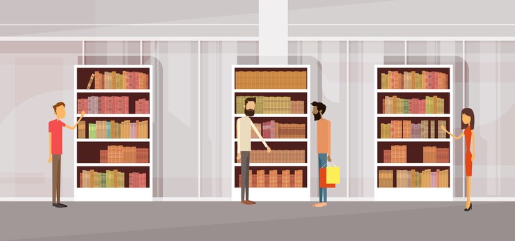 Vector people in library, book shop interior bookself