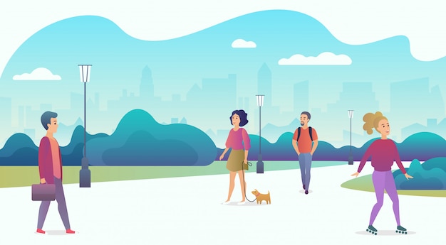 People life in modern eco city. people relaxing in nature in a beautiful urban park with skyscrapers on the background. trendy cartoon gradient color vector illustration.