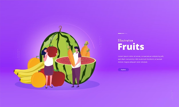 People like to eat healthy fruits on flat illustration concept