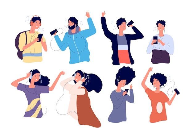 Vector people listen music with earphones. happy young men and women with headphones and smartphone isolated cartoon characters.