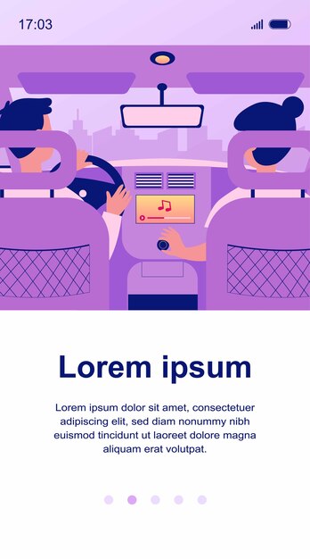 Persone che ascoltano musica mentre viaggiano in auto. vista dal sedile posteriore della coppia sui sedili del conducente e del passeggero all'interno dell'auto. illustrazione per trasporto, veicolo, concetto di viaggio