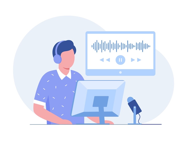 Vector オーディオ ポッド キャストまたはオンライン ショー ベクトル フラット イラストを聞いて録音する人々