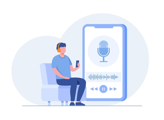 People listening and recording audio podcast or online show vector flat illustration Joyful person radio host interviewing guest