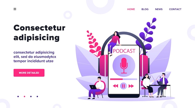 Vector people listening speakers from broadcasting station   illustration. man and woman listening podcast online anchorperson sitting and talking to microphone. radio and technology concept
