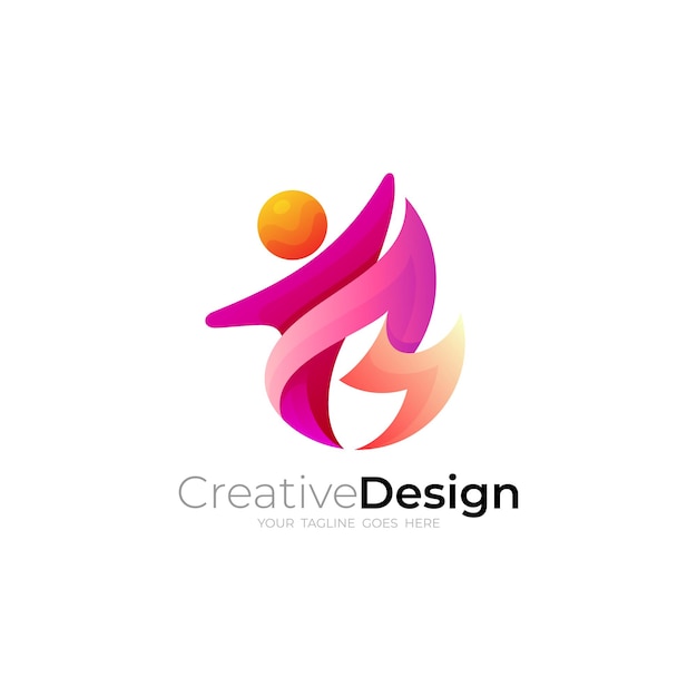 People logo with fire design combination 3d colorful logos