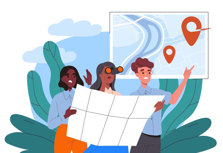 Vector people look at map man and women planning route tourists and travelers guided by locality travels