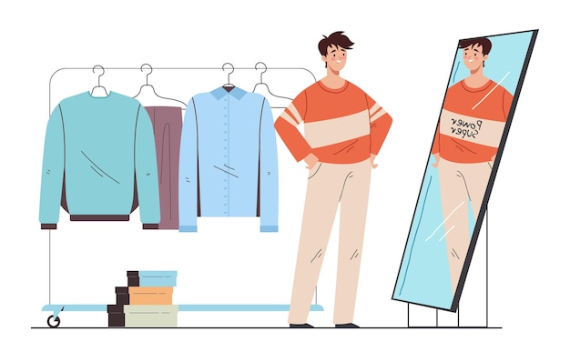 People look at mirror wear trying clothes concept graphic design illustration