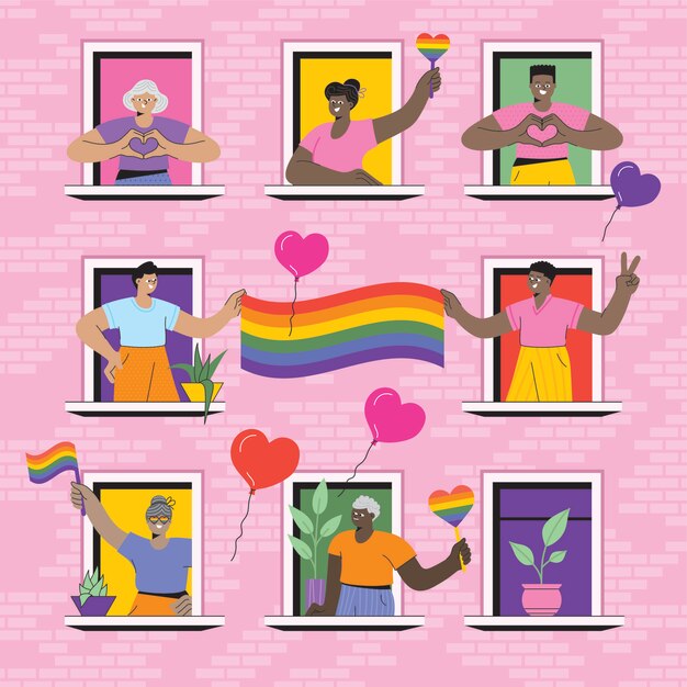 Vector people look out of the window with a flag lgbtq pride at home