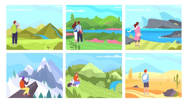 Persone che guardano paesaggi esploratori romantici che contemplano la natura, una coppia di famiglia che si gode il paesaggio, il cielo, l'orizzonte, l'avventura, il trekking in montagna, il viaggio, una splendida illustrazione vettoriale del paesaggio romantico