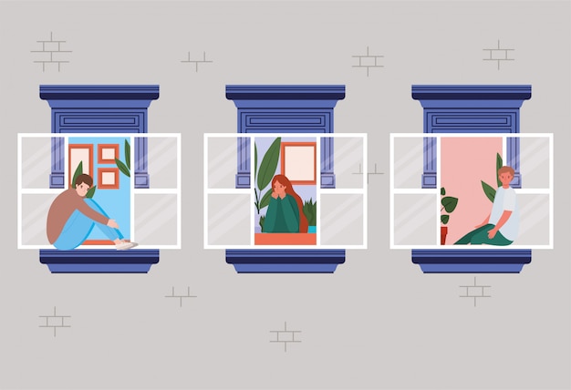 People looking out the windows from gray house design, stay at home theme   illustration