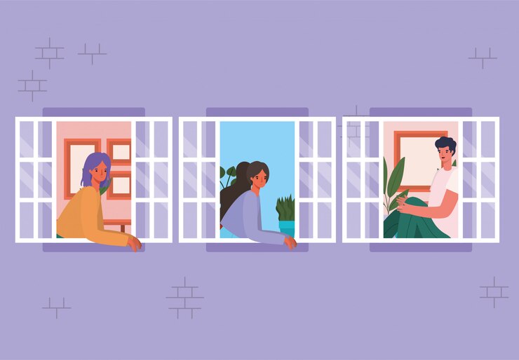 Vector people looking out the windows from purple house   design