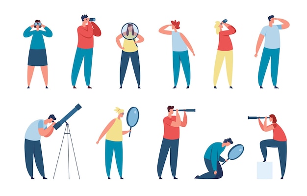 People looking through binoculars and magnifying glass Characters searching for opportunities and new ideas man look into future vector set