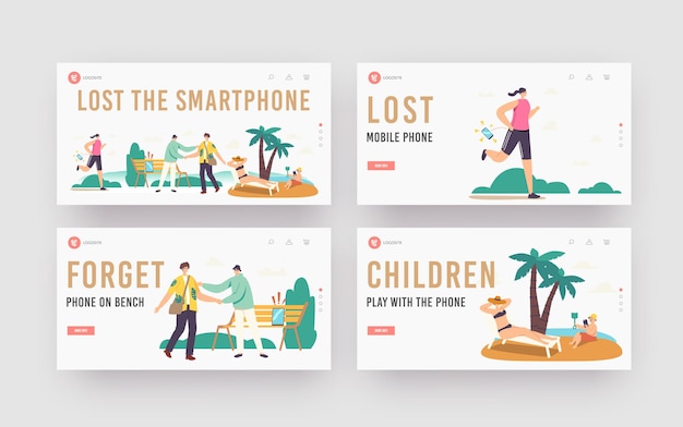 People lose their gadgets landing page template set. characters lost laptops, phones and tablets on street during jogging, walk in park or relaxing on beach with kids. cartoon vector illustration