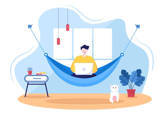 Vector people lying on hammock in home flat cartoon vector illustration. summer vacation outdoor picnic between two walls