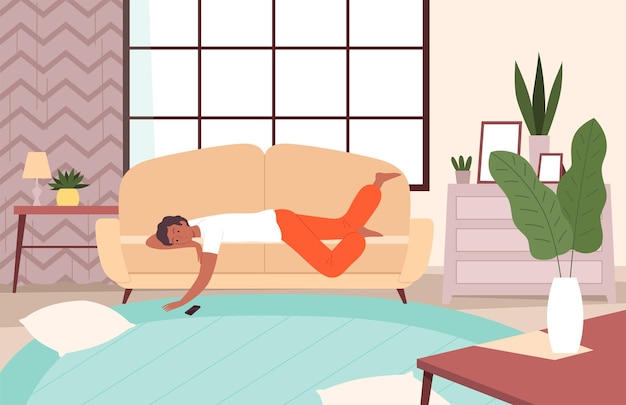 Vector people lying on sofa. lazy person relax in living room sleeping and watching tv apathy and messy vector character. illustration person on sofa lying vector