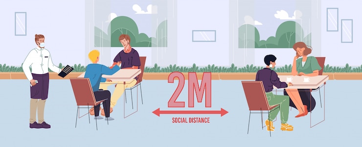 Vector people maintaining safe social distance in cafe