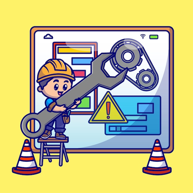 Vector people maintenance on construction cartoon vector icon illustration. people technology icon concept isolated premium vector. flat cartoon style