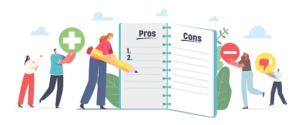 People Make Important Decision. Tiny Male and Female Characters at Huge Notebook Sheet Writing Pros and Cons of Something in Column List, Advantages and Disadvantages. Cartoon Vector Illustration