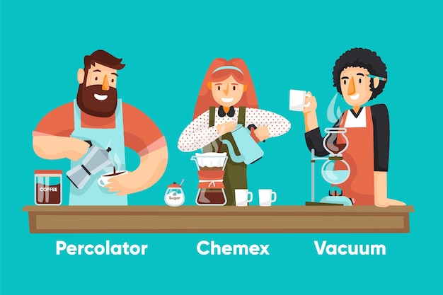 Vector people making different coffee methods