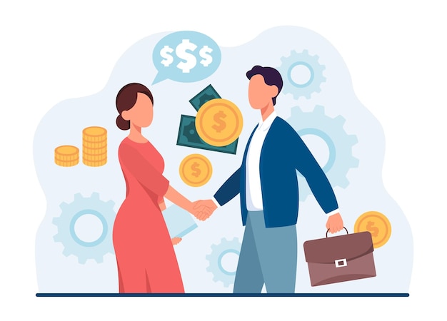 People making money businessmen will close deal man shakes hands with girl successful cooperation or