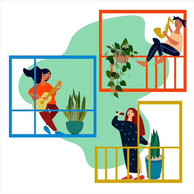 Vector people making musical performance from their balconies neighbourhood concert social distancing during covid19 pandemic vector illustration in flat style