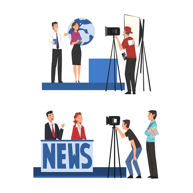 People making news in on TV studio cartoon vector illustration