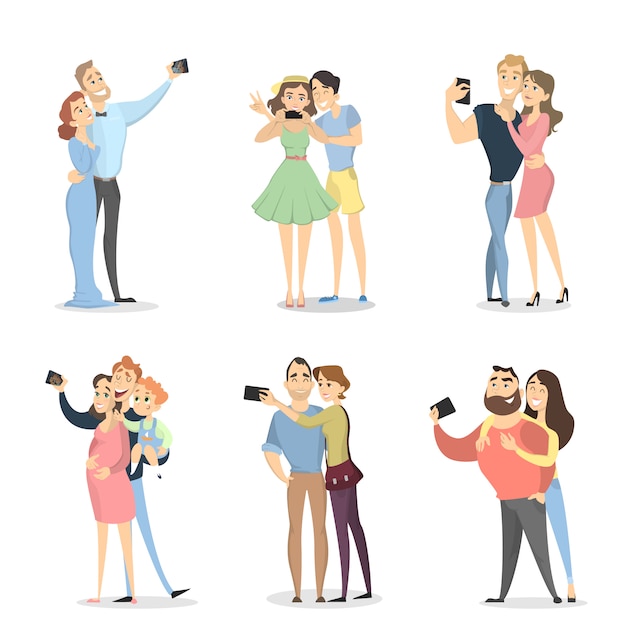 Vector people making selfie. couples with smartphones on white.