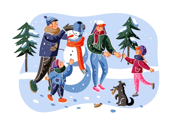 Persone che fanno illustrazione del pupazzo di neve. allegri personaggi dei cartoni animati di madre, padre, figlio e figlia. genitori con bambini piccoli fuori. ricreazione invernale in famiglia, attività infantile