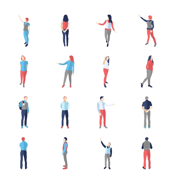 Vector people, male, female, in different showing and browsing poses - modern flat design isolated icons set.