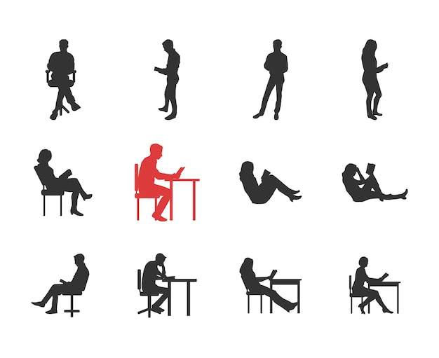 Люди, мужские, женские силуэты в различных повседневных общих позах для чтения - набор изолированных иконок современного плоского дизайна. держит книгу, читает, думает, за столом, на стуле, софе