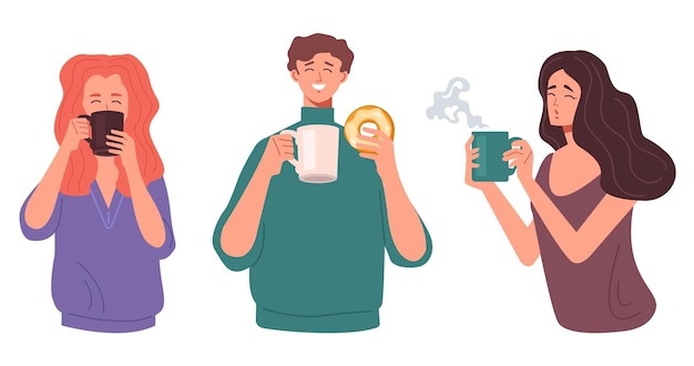 Vector people man woman characters drinking coffee and eating sweet food isolated set collection