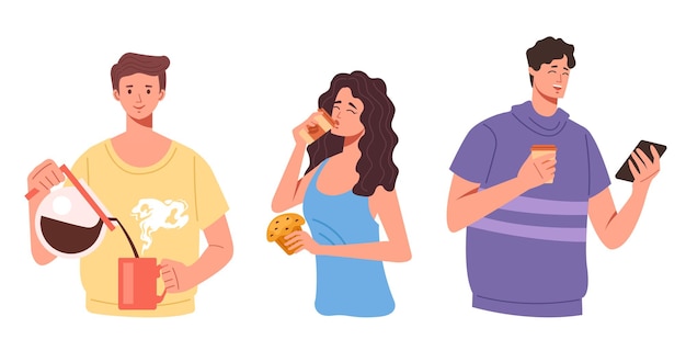 Vector people man woman characters drinking coffee and eating sweet food isolated set collection