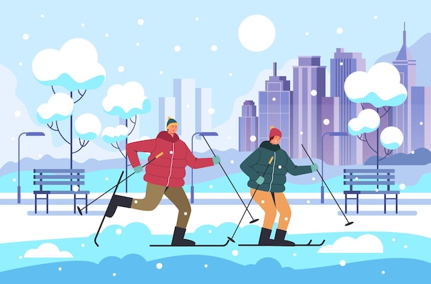 People man woman couple characters skiing winter park,   cartoon   illustration