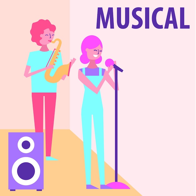 Vector people man and woman singing and saxophone music speaker