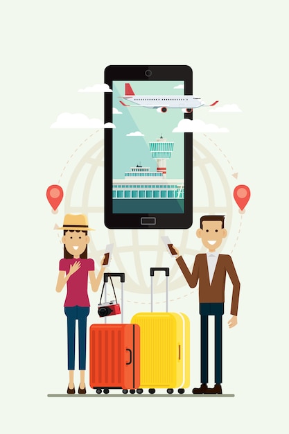 Vettore la gente equipaggia e donna con le valigie viaggio e percorso aereo allo scopo sul cellulare, illustrazione di vettore