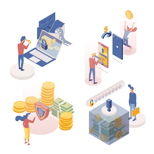 People managing deposits isometric characters set