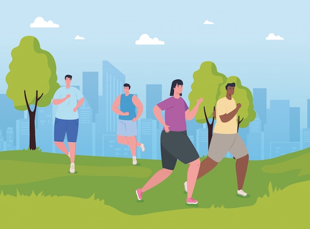 Maratoneti di persone che corrono nel parco, uomini e donne, eseguono poster di gara o maratona, stile di vita sano e sport