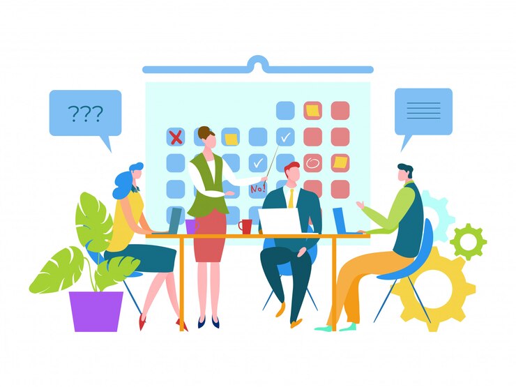Vector people marked at calendar important dates,  illustration. business teamwork meeting, planning event and agenda at schedue