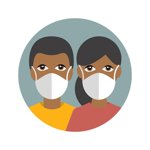 People in a mask protecting against corona virus covid 19 Couple of dark skin Flat vector icon